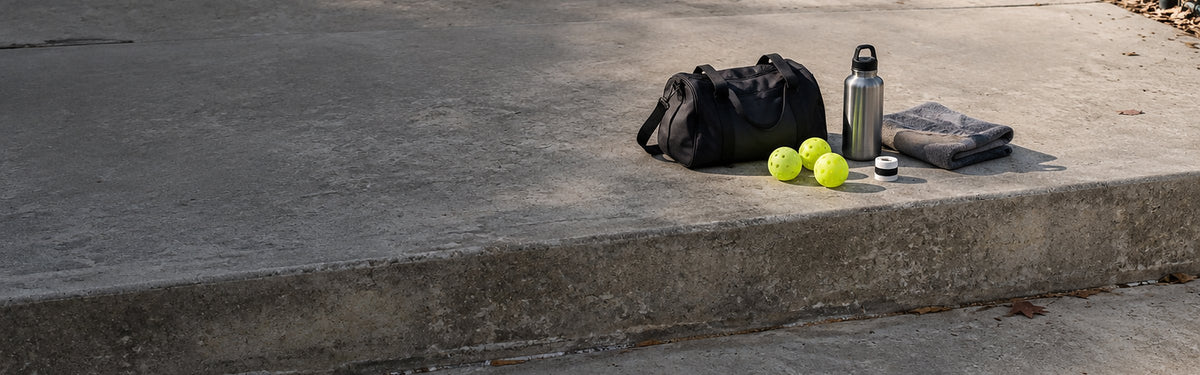 Court-day kit with bag, bottle, towel and balls on a step