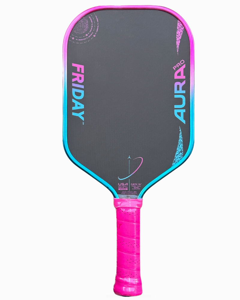 Friday Aura Pro Vice — front view, metallic pink and blue edge, pink grip