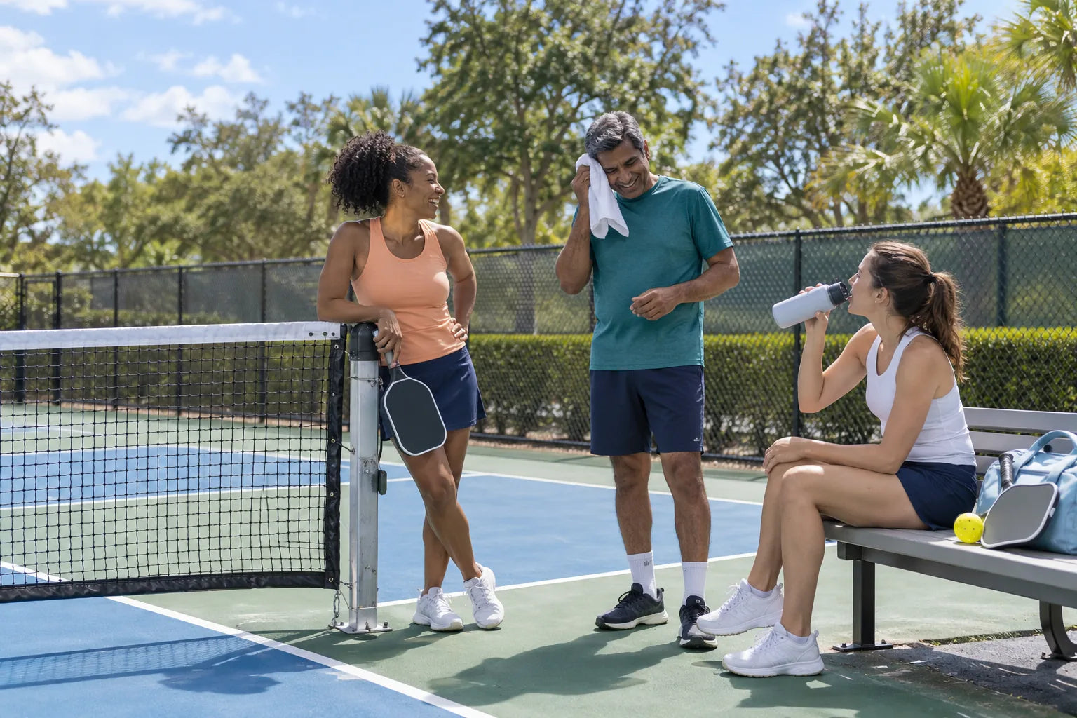 Friends resting at the net between games on a sunny court