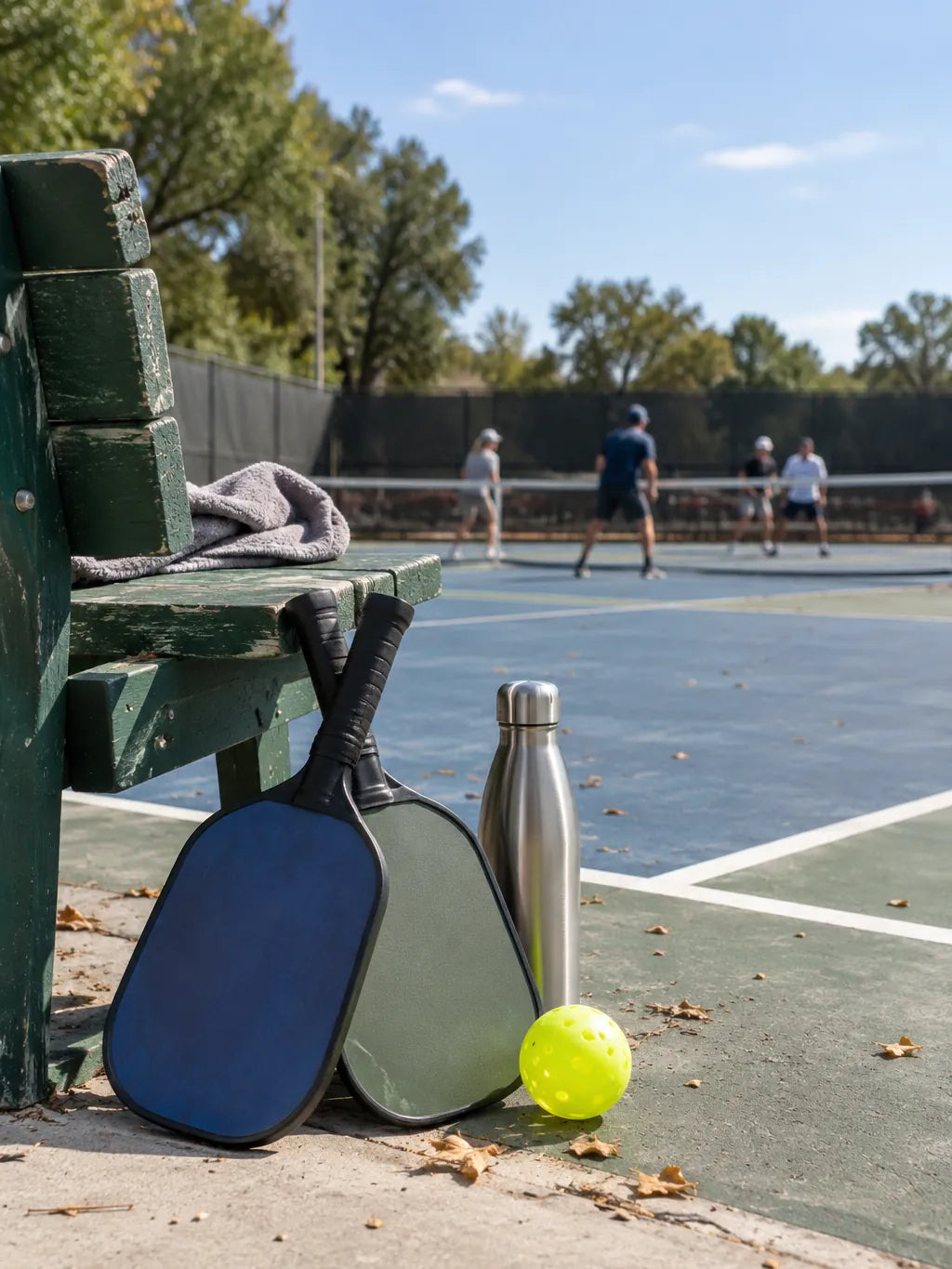 Paddles, a ball and a water bottle by a courtside bench