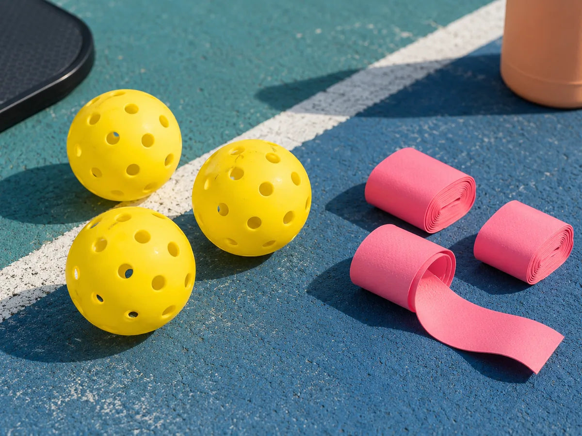 Yellow outdoor pickleballs and pink overgrips on a teal court