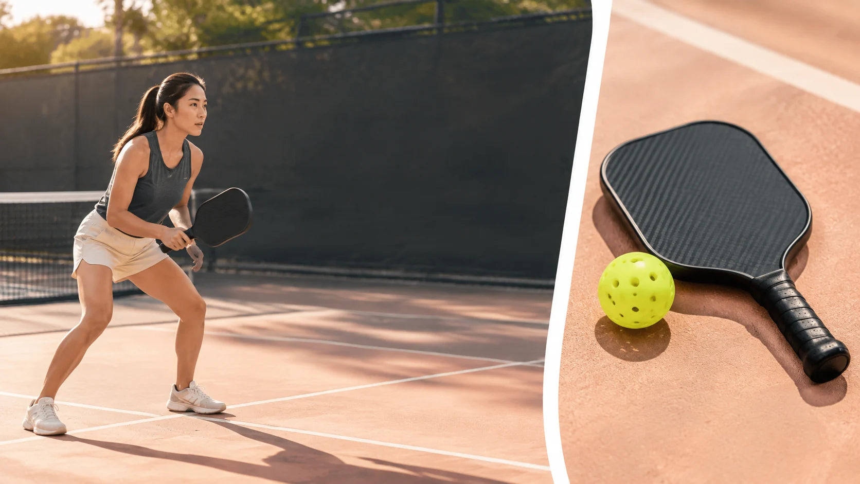 Pickleball player and paddle on a warm outdoor court