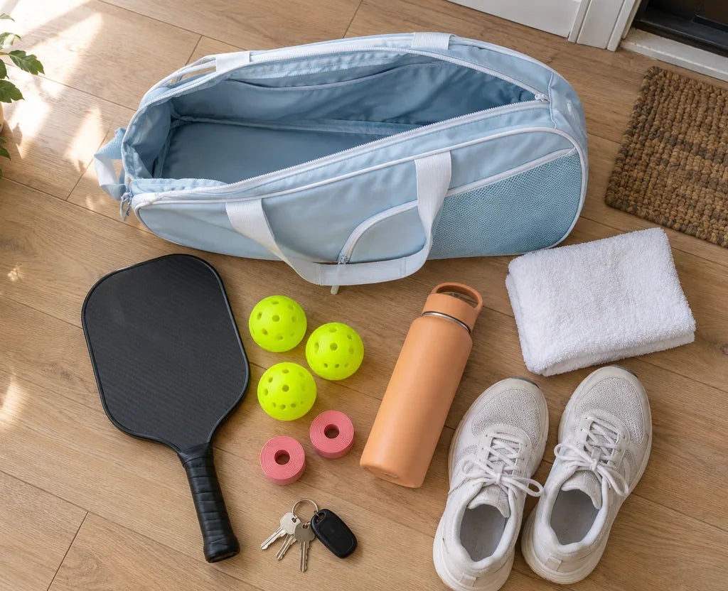 Pickleball bag, paddle, balls and water bottle laid out by the door