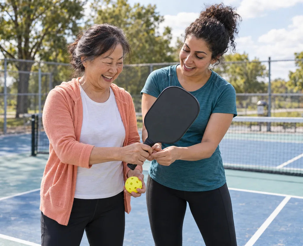 A friend showing a first-time player how to hold a paddle