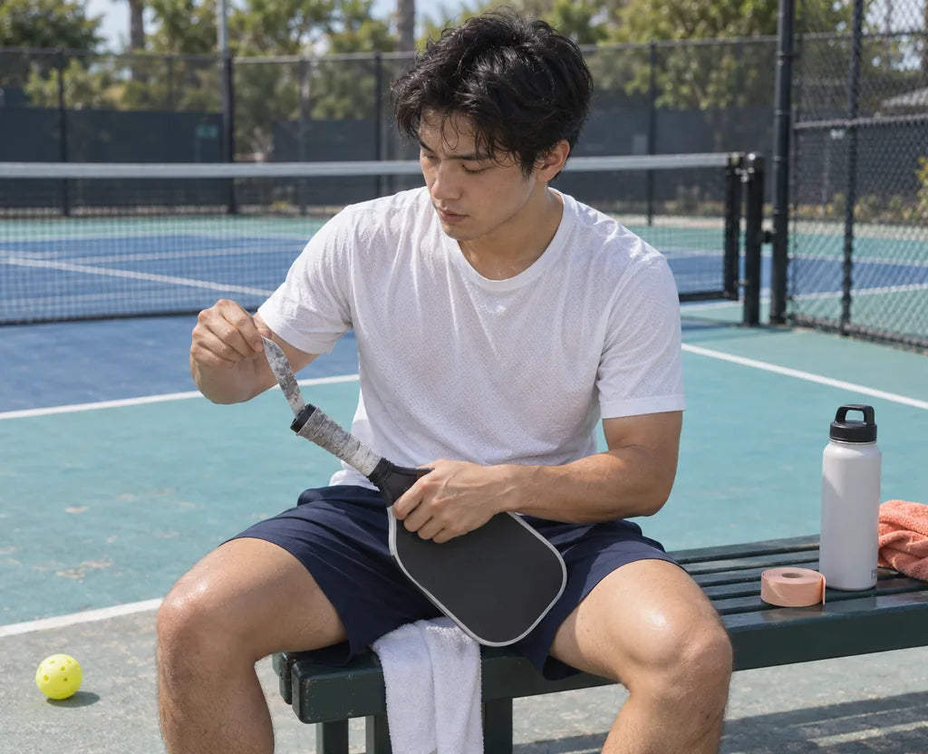Player peeling off an old grip before rewrapping his paddle