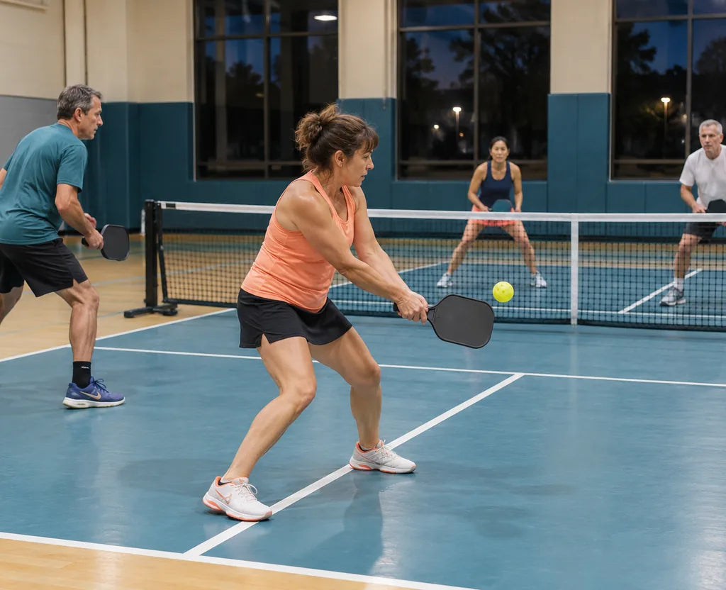 Weekly indoor pickleball game in a community gym