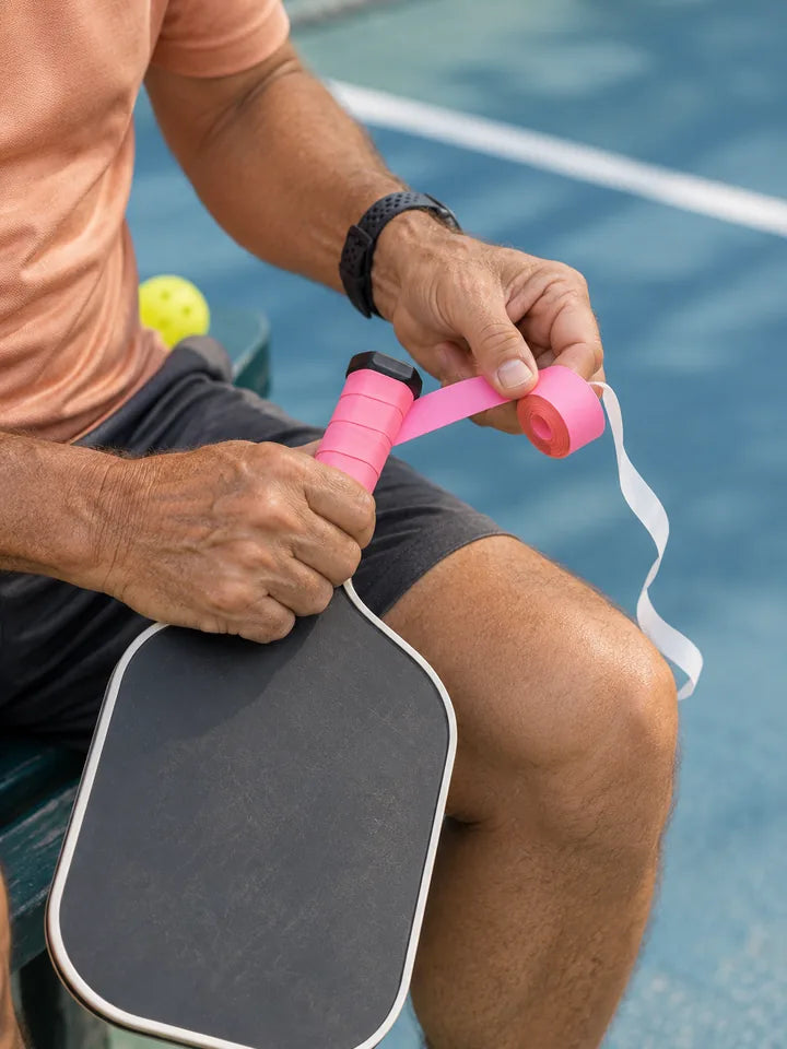 Hands wrapping a fresh pink overgrip around a paddle handle